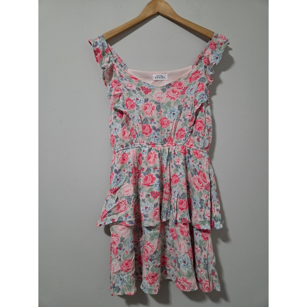 Emily Wonder Floral Ruffle Tiered‎ Mini Dress Pink Red Blue Rose Print Small